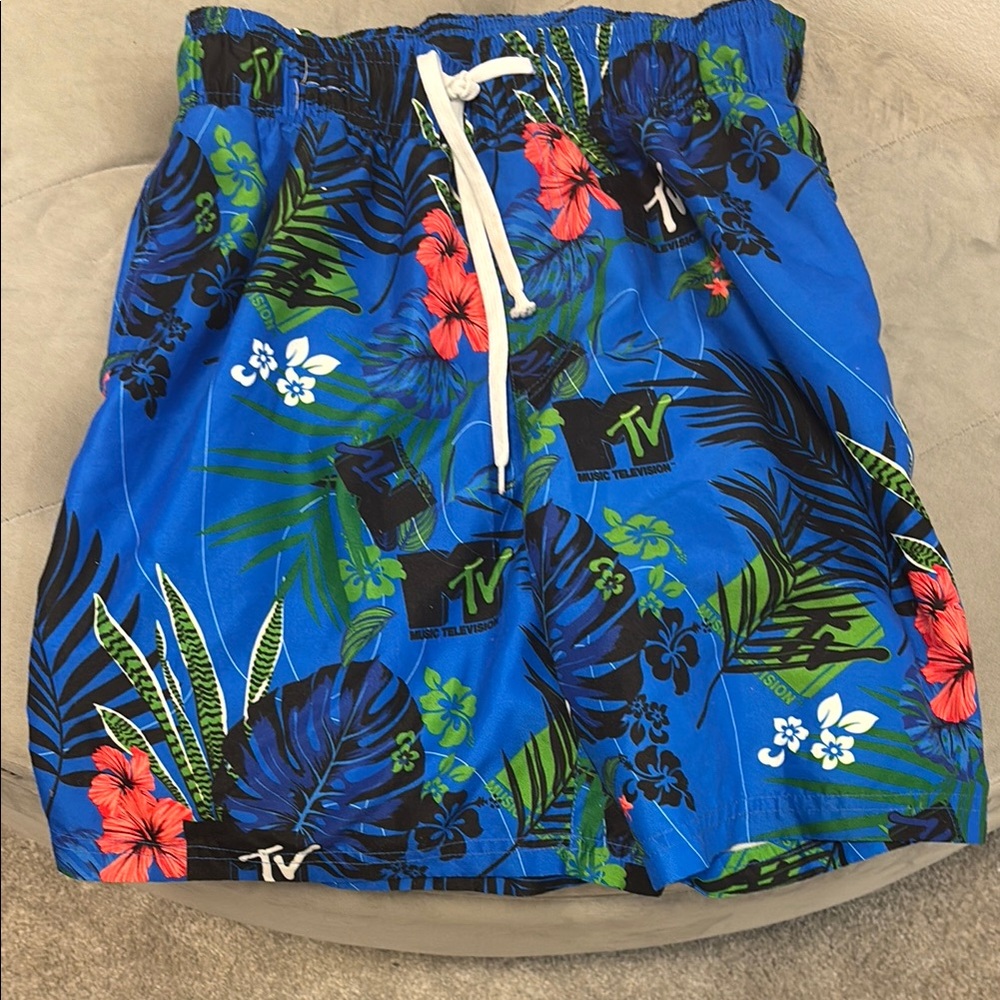 MTV Blue and Green Athletic Shorts with Tropical Flair